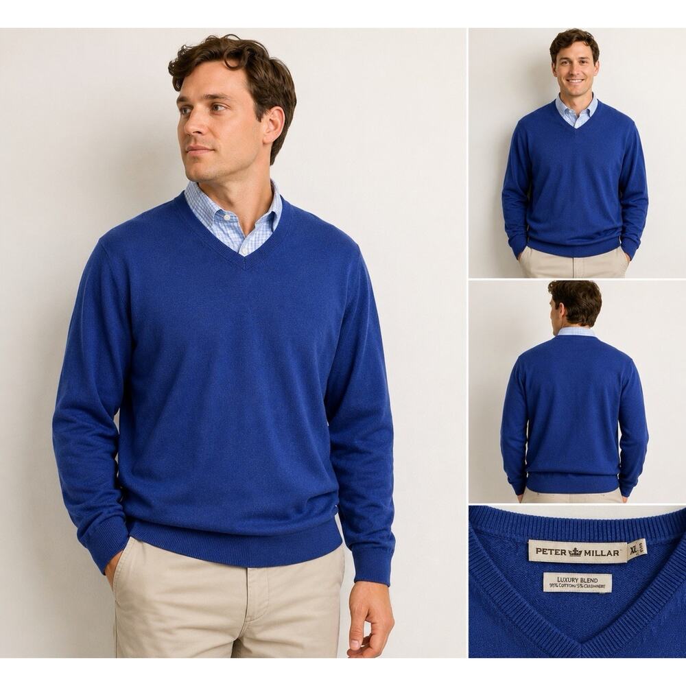 Peter Millar XL Luxury Blend Cotton Cashmere Blue V-Neck Sweater Men’s XL